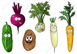 36820086-Cartoon-funny-frisch-Rote-Bete-Kartoffeln-Gurken-Karotten-Kohlrabi-und-Radieschen-Gem-se-auf-wei-em--Lizenzfreie-Bilder